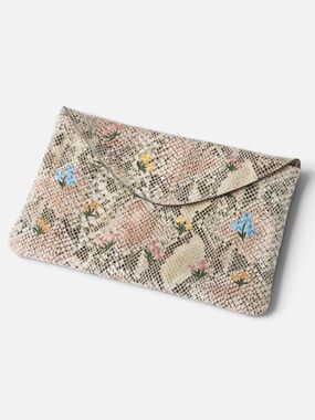 Anthropologie Leather Snake Print Embroidered Floral Clutch Bag